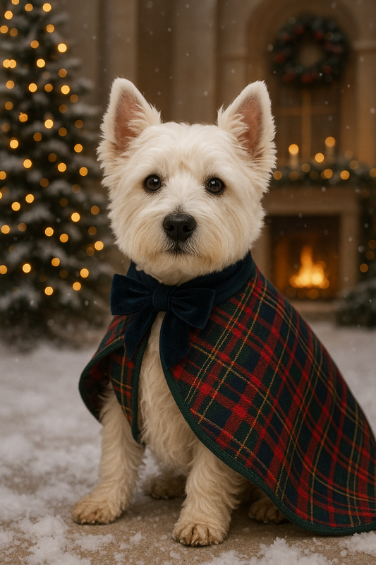 westie in a plaid overcoat with a holiday themed backdrop including a fireplace and a christmas tree
