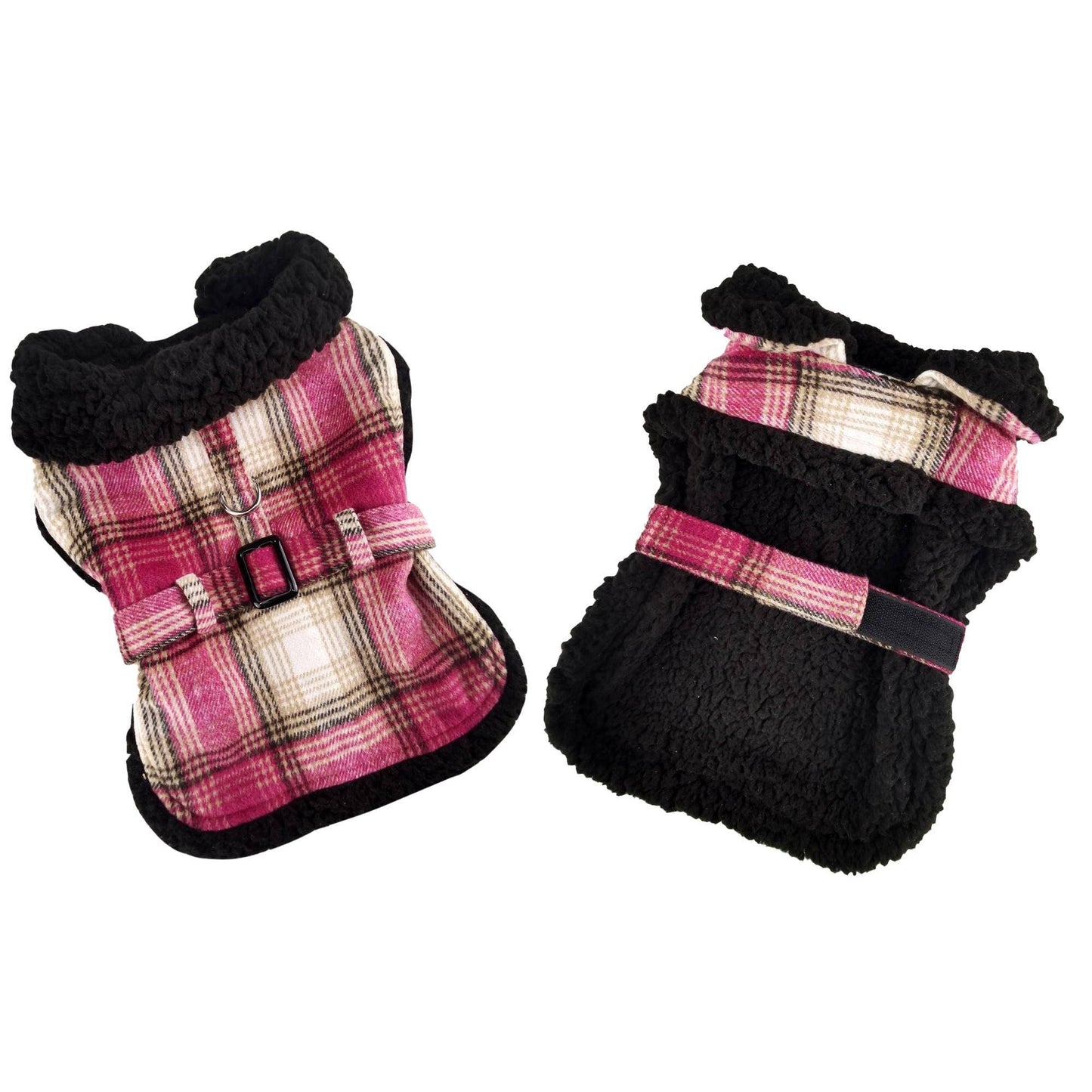 Sherpa-Lined Dog Harness Coat - Hot Pink & Tan Plaid