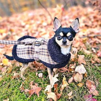 Sherpa-Lined Winter Dog Harness Coat for Small, Medium, and Large Breeds - Brown & White Plaid