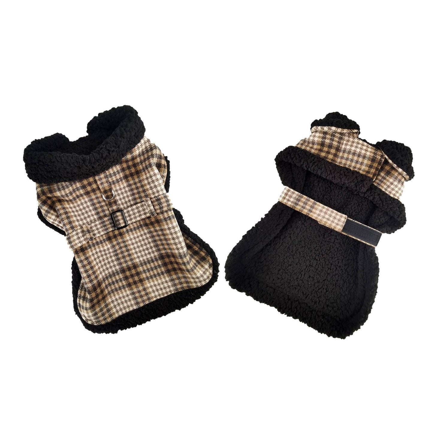 Sherpa-Lined Winter Dog Harness Coat for Small, Medium, and Large Breeds - Brown & White Plaid